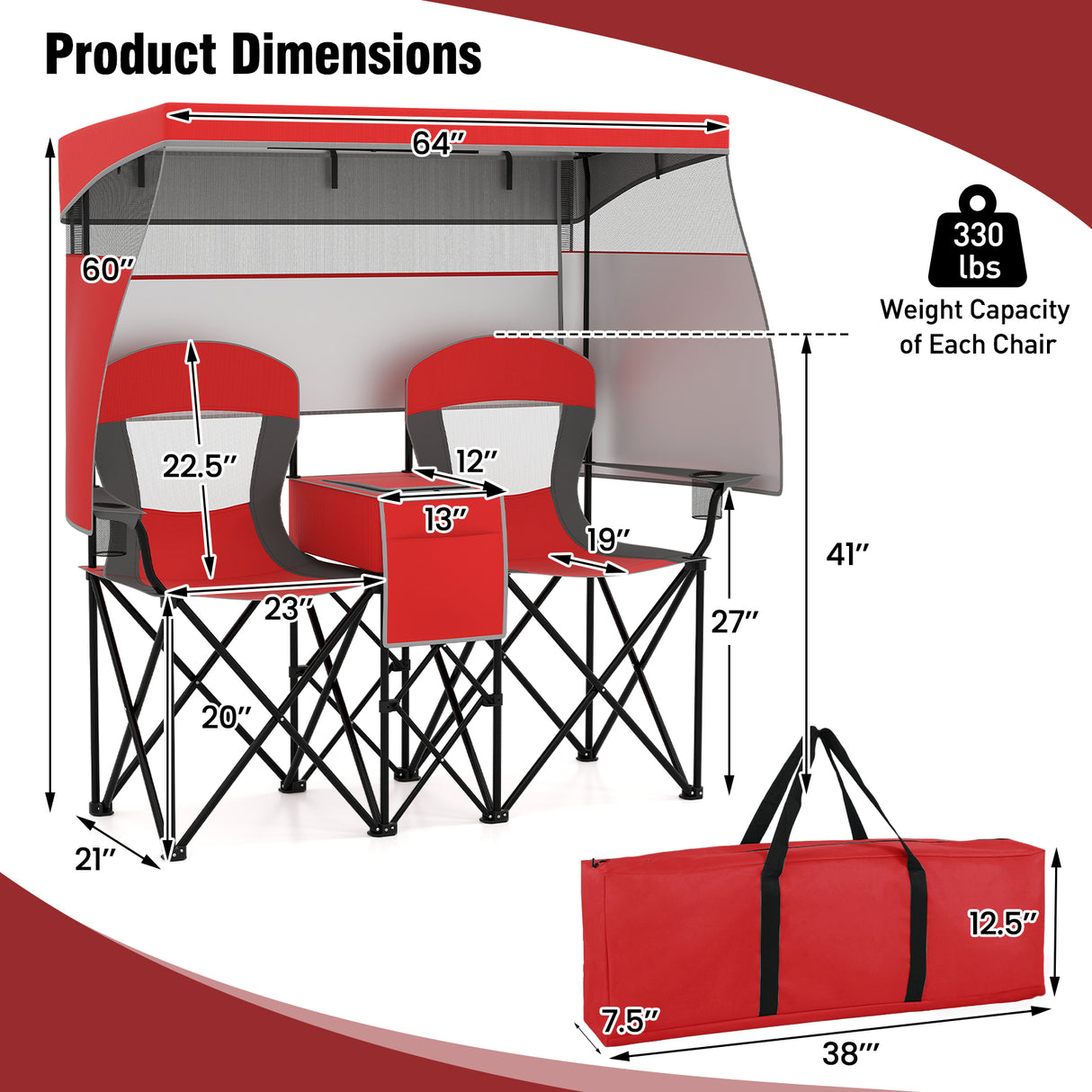 Double Beach Chair with Adjustable Canopy and 3 -Side Shading Curtains-Red