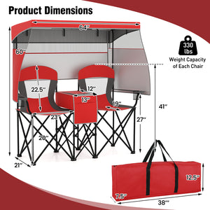 Double Beach Chair with Adjustable Canopy and 3 -Side Shading Curtains-Red