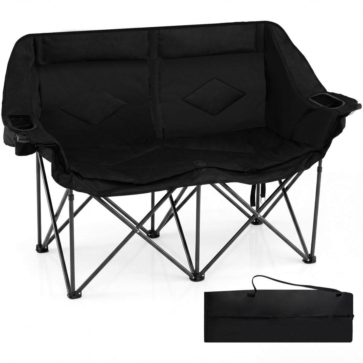 Double Camping Chair with Cup Holders Glass Racks and Mesh Pockets-Black