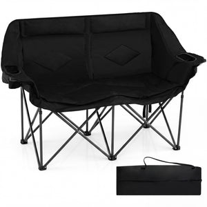Double Camping Chair with Cup Holders Glass Racks and Mesh Pockets-Black
