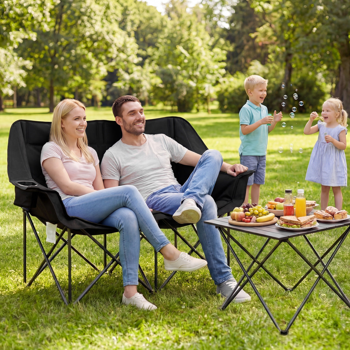 Double Camping Chair with Cup Holders Glass Racks and Mesh Pockets-Black