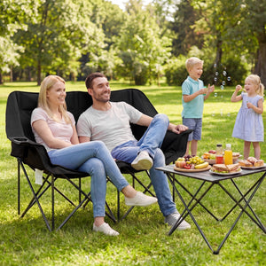 Double Camping Chair with Cup Holders Glass Racks and Mesh Pockets-Black