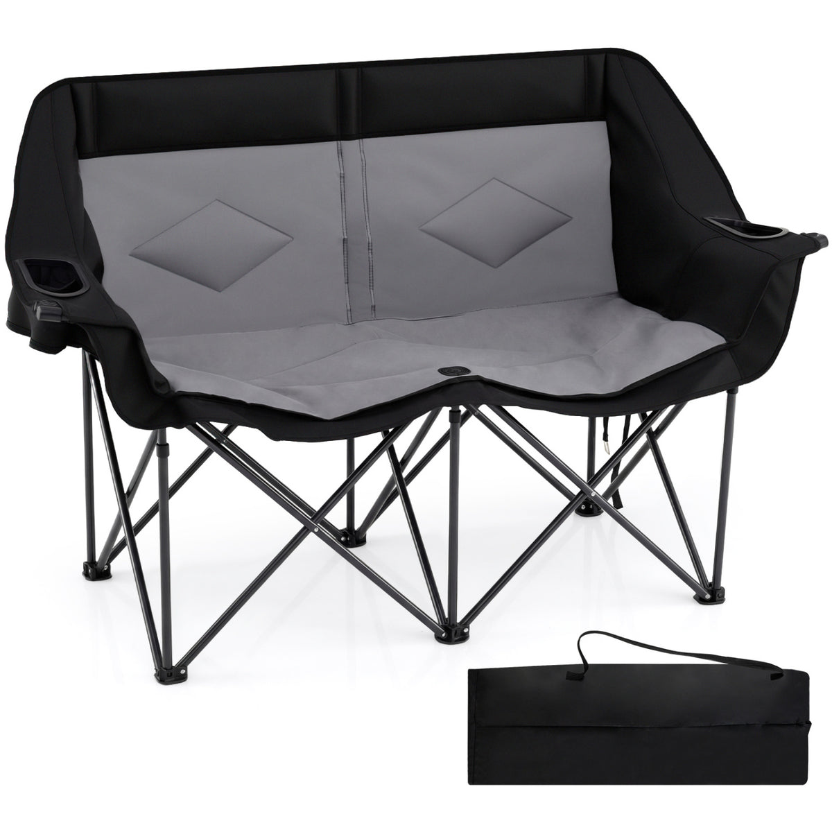 Double Camping Chair with Cup Holders Glass Racks and Mesh Pockets-DarkGray
