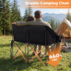 Double Camping Chair with Cup Holders Glass Racks and Mesh Pockets-DarkGray