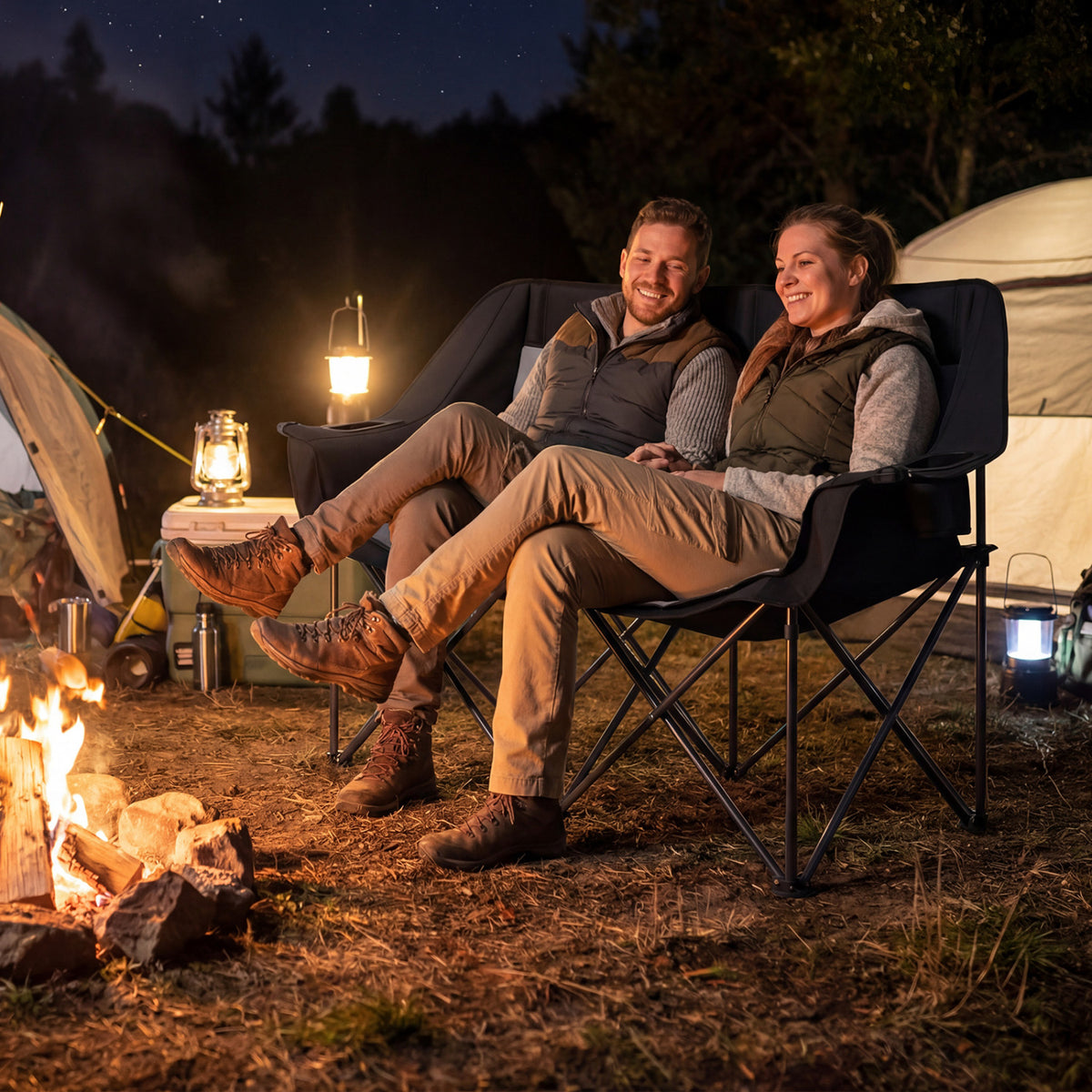 Double Camping Chair with Cup Holders Glass Racks and Mesh Pockets-DarkGray