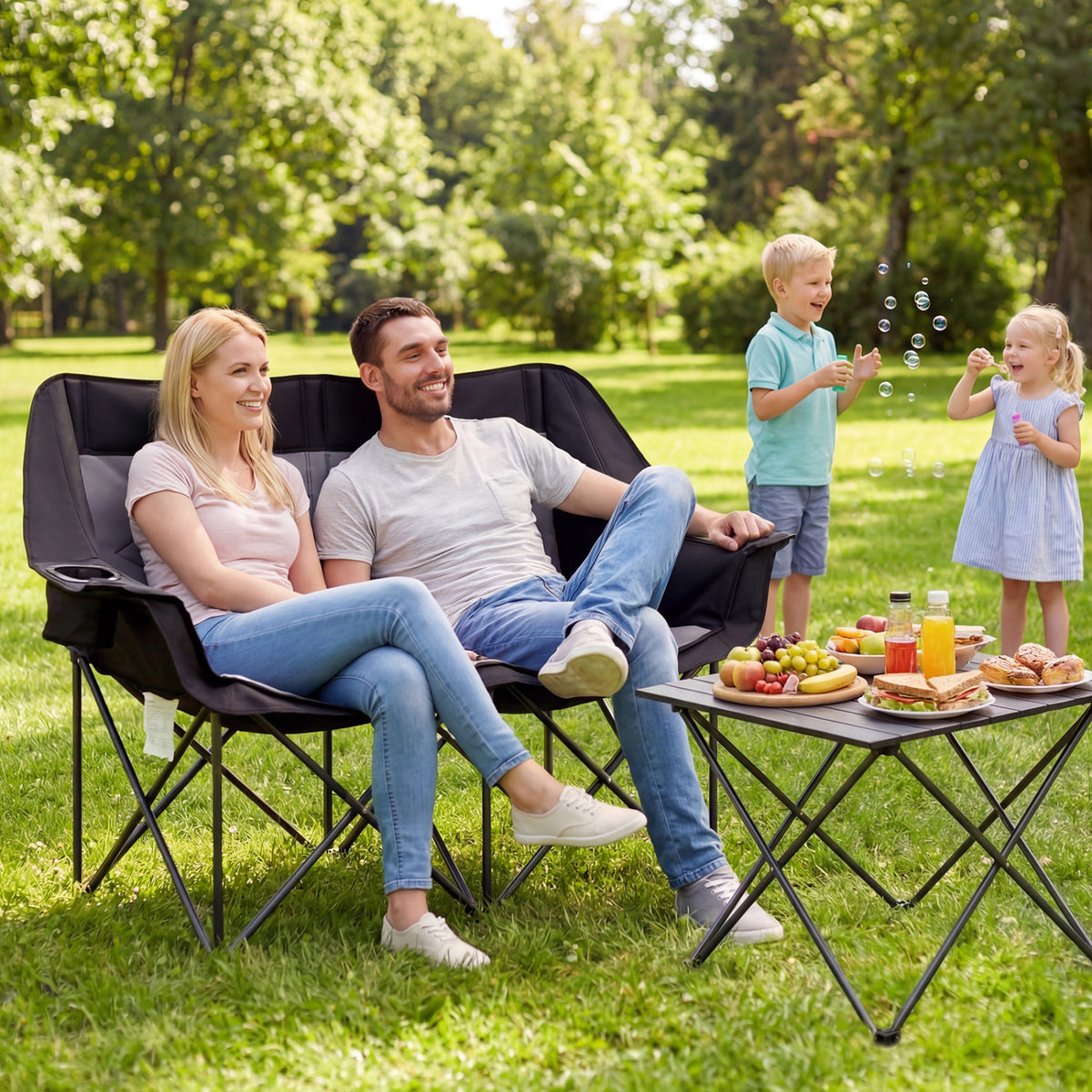 Double Camping Chair with Cup Holders Glass Racks and Mesh Pockets-DarkGray