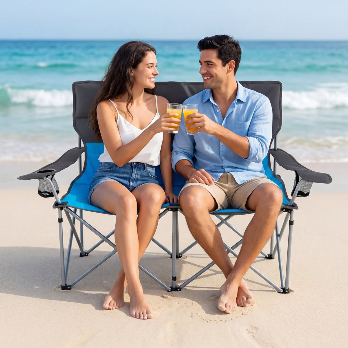 Double Camping Chair with Carry Bag Cup Holders-Blue