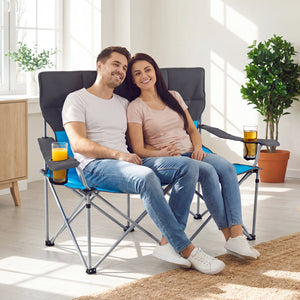 Double Camping Chair with Carry Bag Cup Holders-Blue