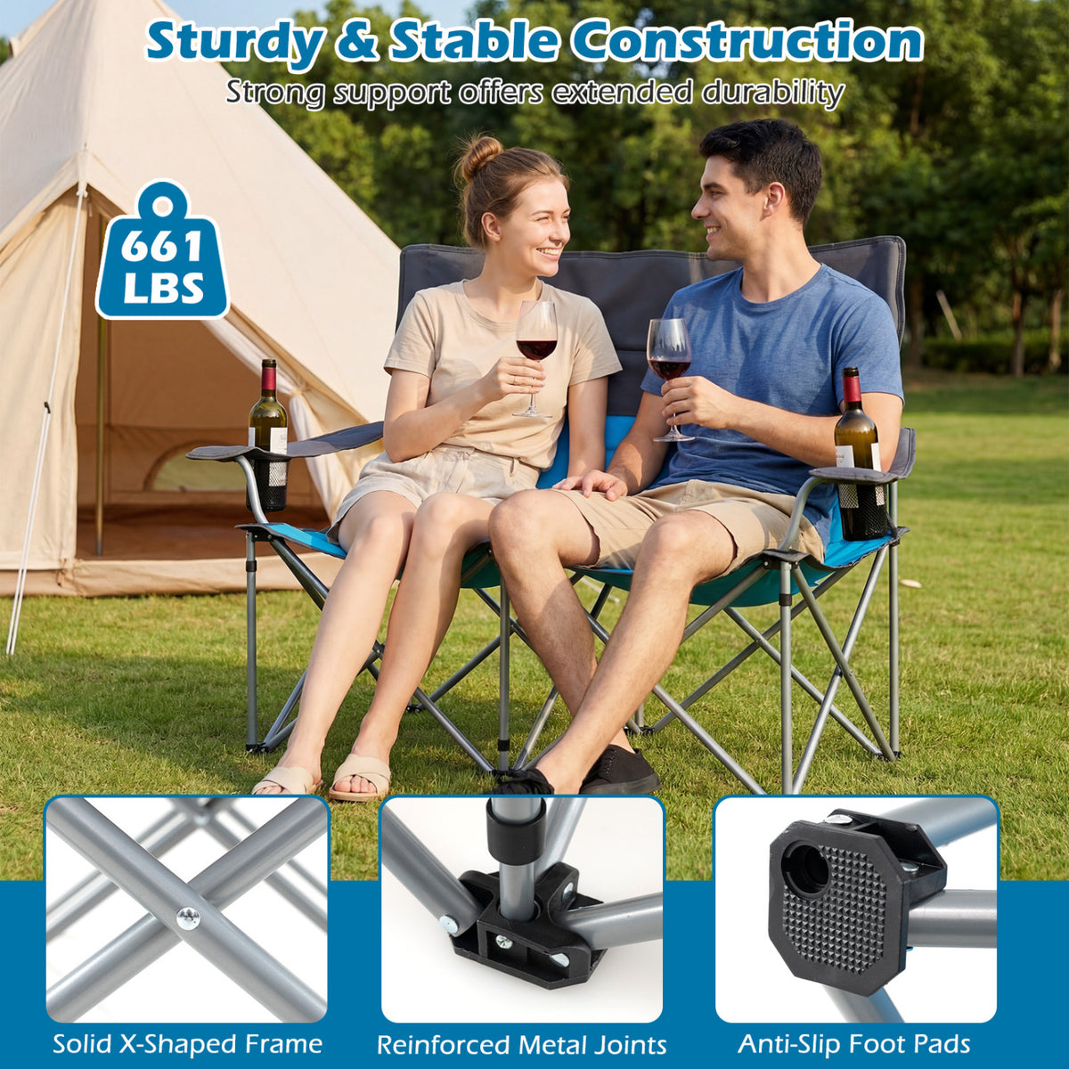 Double Camping Chair with Carry Bag Cup Holders-Blue