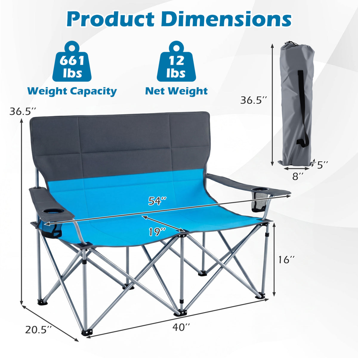 Double Camping Chair with Carry Bag Cup Holders-Blue