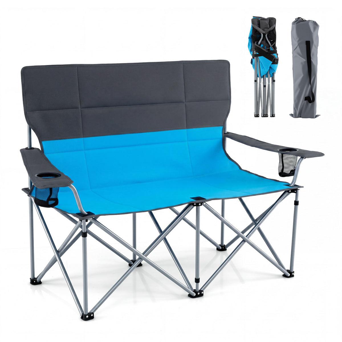Double Camping Chair with Carry Bag Cup Holders-Blue