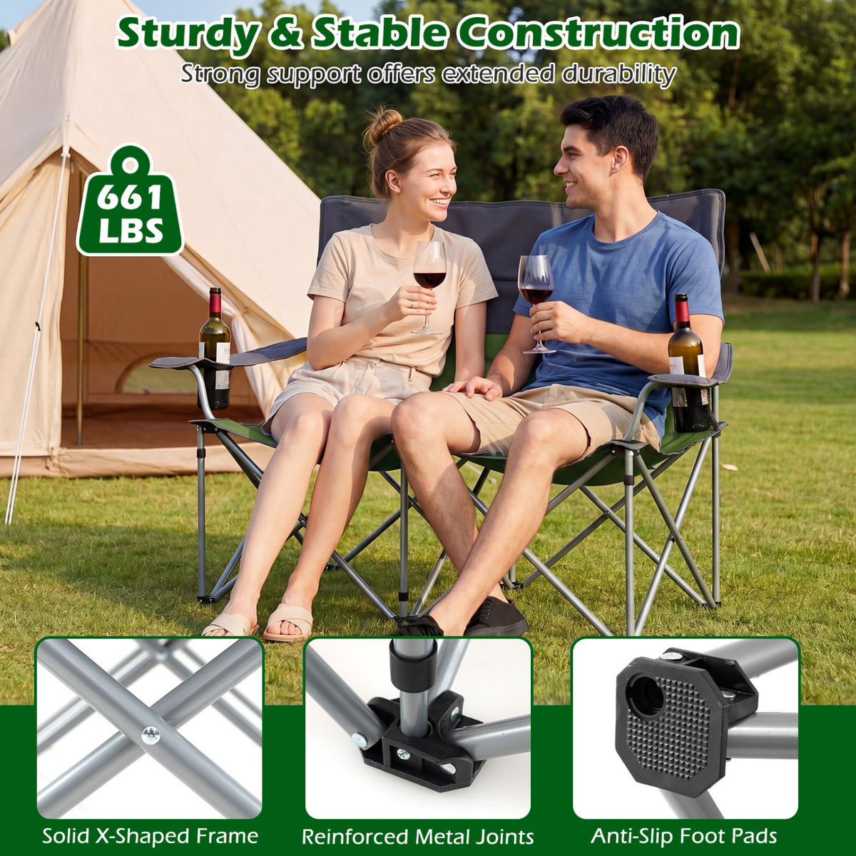 Double Camping Chair with Carry Bag Cup Holders-Green