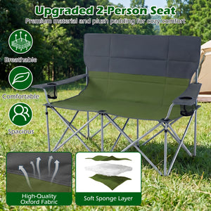 Double Camping Chair with Carry Bag Cup Holders-Green