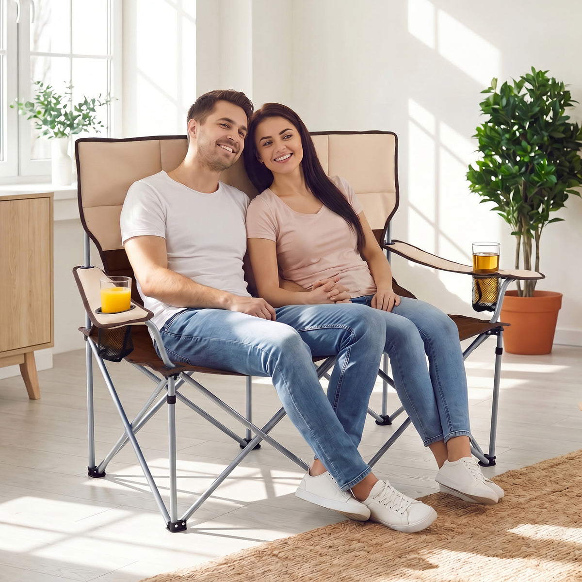 Double Camping Chair with Carry Bag Cup Holders-Brown