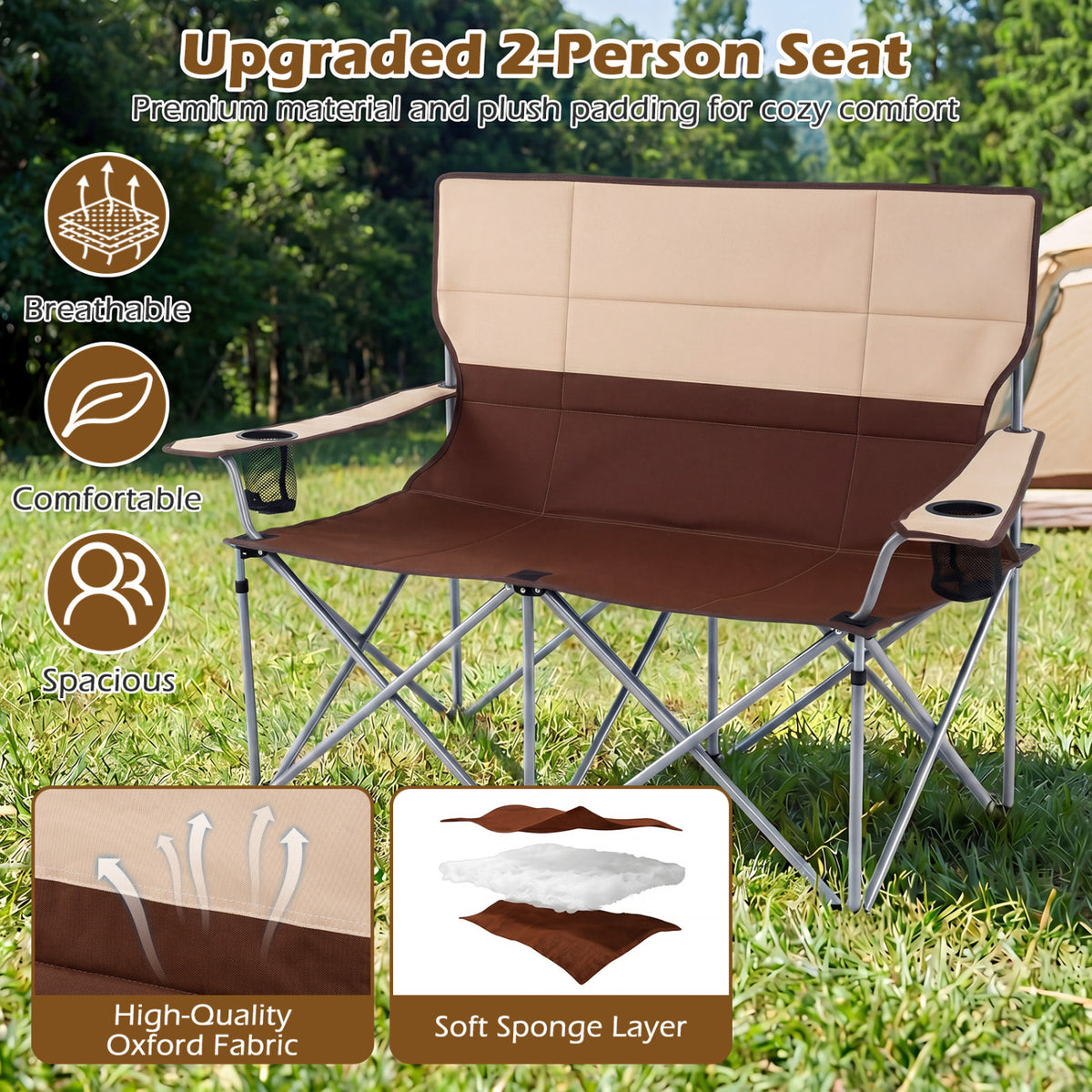 Double Camping Chair with Carry Bag Cup Holders-Brown