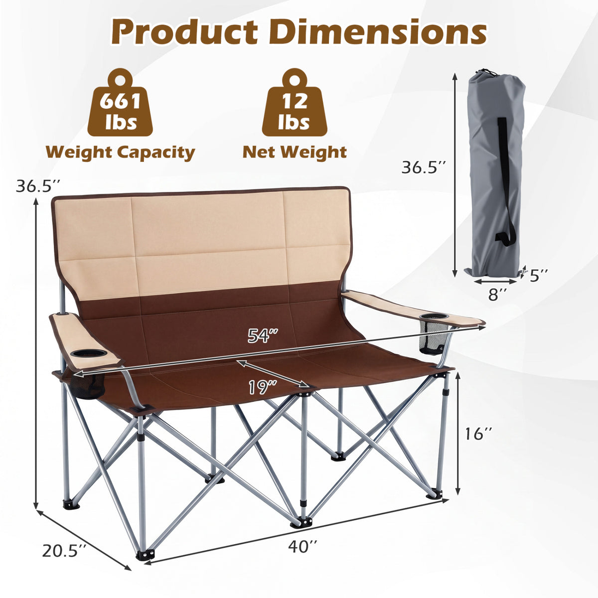 Double Camping Chair with Carry Bag Cup Holders-Brown