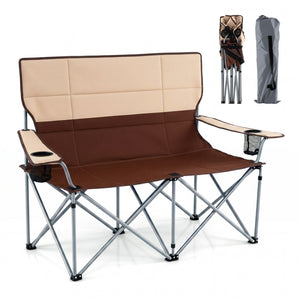 Double Camping Chair with Carry Bag Cup Holders-Brown