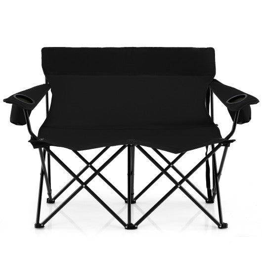 Double Camping Chair 2-Person Outdoor Folding Loveseat with Cup Holders-Black