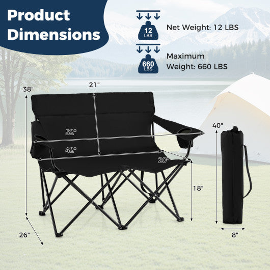 Double Camping Chair 2-Person Outdoor Folding Loveseat with Cup Holders-Black