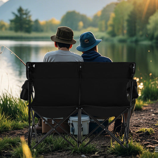 Double Camping Chair 2-Person Outdoor Folding Loveseat with Cup Holders-Black