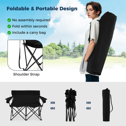 Double Camping Chair 2-Person Outdoor Folding Loveseat with Cup Holders-Blue