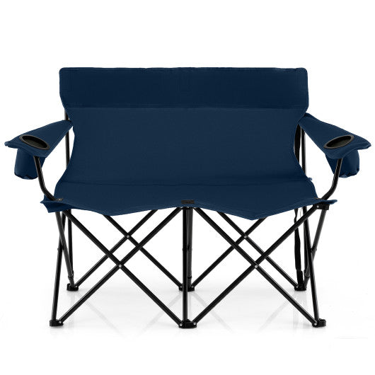 Double Camping Chair 2-Person Outdoor Folding Loveseat with Cup Holders-Blue