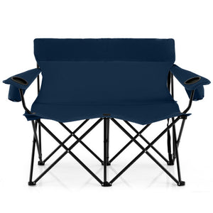 Double Camping Chair 2-Person Outdoor Folding Loveseat with Cup Holders-Blue