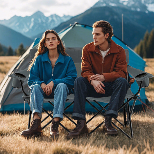 Double Camping Chair 2-Person Outdoor Folding Loveseat with Cup Holders-Gray