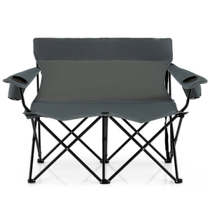 Double Camping Chair 2-Person Outdoor Folding Loveseat with Cup Holders-Gray