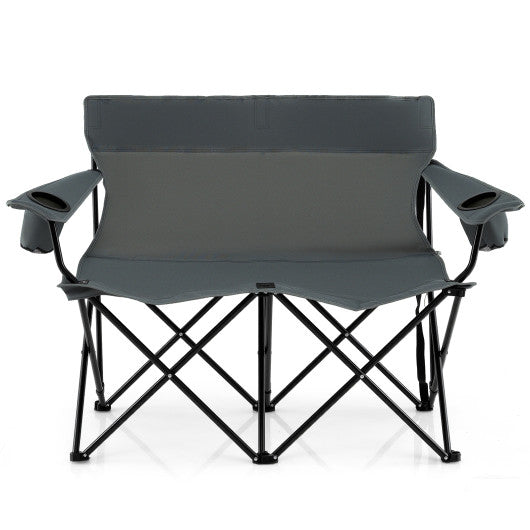 Double Camping Chair 2-Person Outdoor Folding Loveseat with Cup Holders-Gray