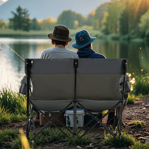 Double Camping Chair 2-Person Outdoor Folding Loveseat with Cup Holders-Gray