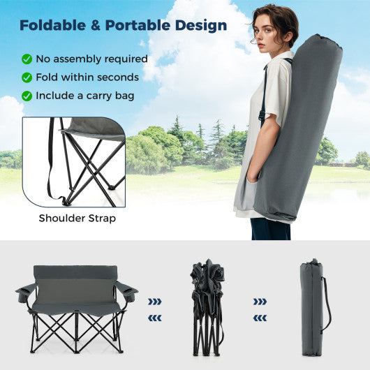 Double Camping Chair 2-Person Outdoor Folding Loveseat with Cup Holders-Black