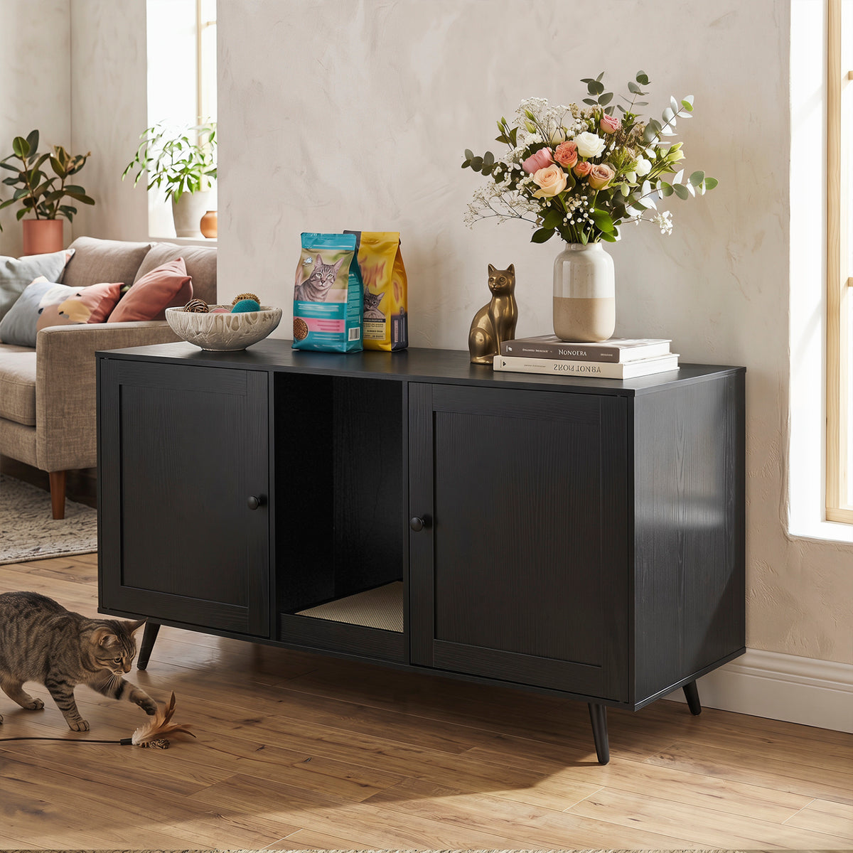 Double Cat Litter Box Enclosure for 2 Cats with Scratching Pad and Double Rooms-Black