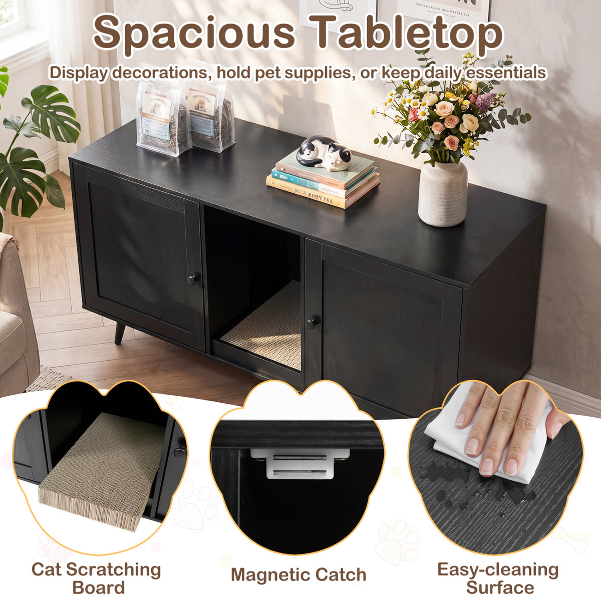 Double Cat Litter Box Enclosure for 2 Cats with Scratching Pad and Double Rooms-Black