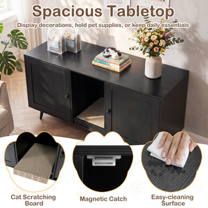 Double Cat Litter Box Enclosure for 2 Cats with Scratching Pad and Double Rooms-Black