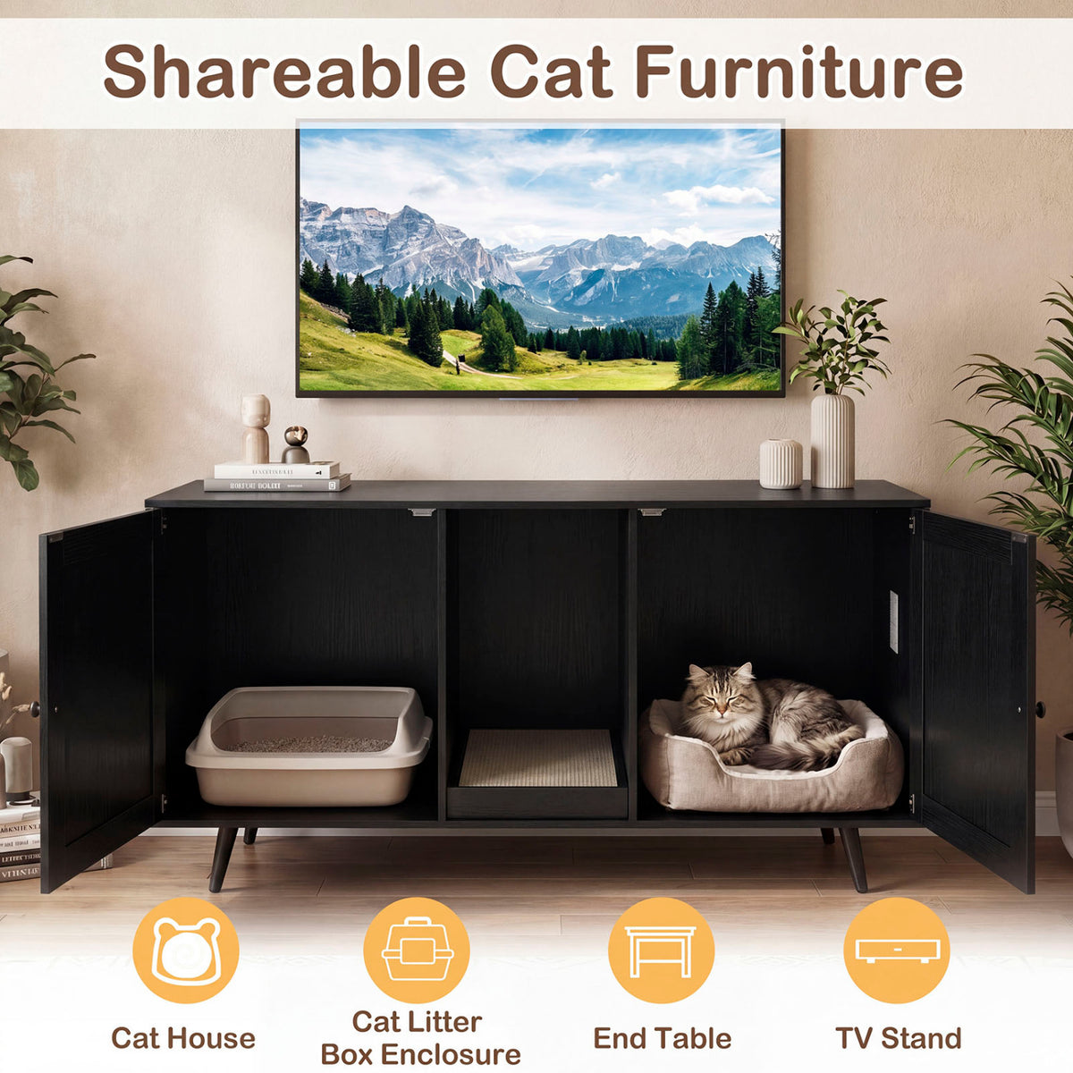 Double Cat Litter Box Enclosure for 2 Cats with Scratching Pad and Double Rooms-Black