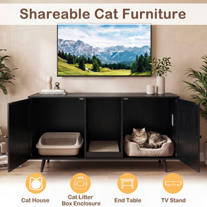 Double Cat Litter Box Enclosure for 2 Cats with Scratching Pad and Double Rooms-Black