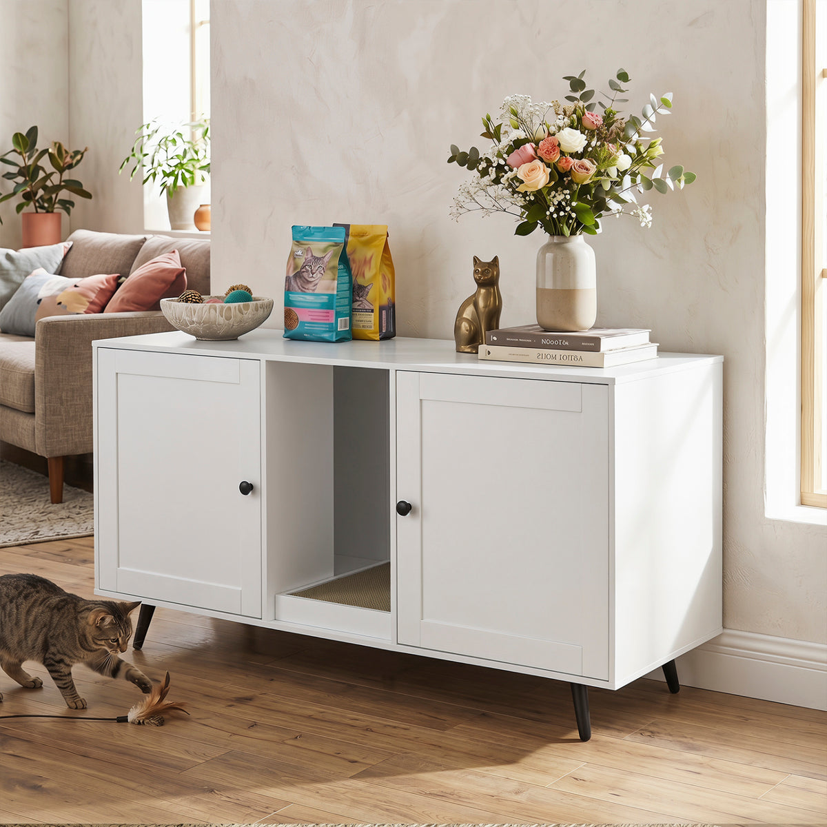 Double Cat Litter Box Enclosure for 2 Cats with Scratching Pad and Double Rooms-White