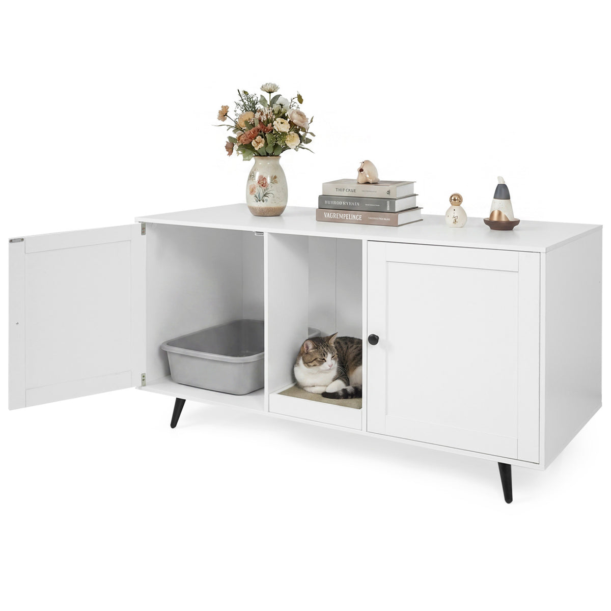 Double Cat Litter Box Enclosure for 2 Cats with Scratching Pad and Double Rooms-White