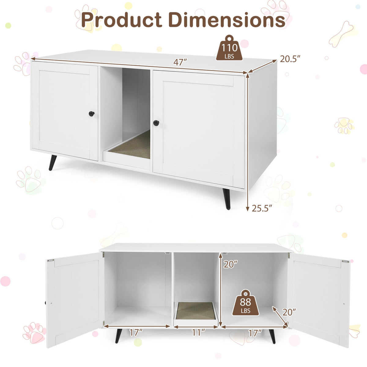 Double Cat Litter Box Enclosure for 2 Cats with Scratching Pad and Double Rooms-White