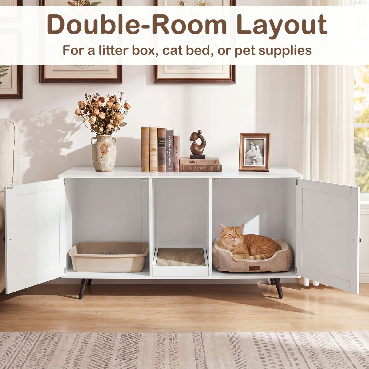 Double Cat Litter Box Enclosure for 2 Cats with Scratching Pad and Double Rooms-White