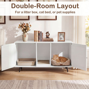 Double Cat Litter Box Enclosure for 2 Cats with Scratching Pad and Double Rooms-White