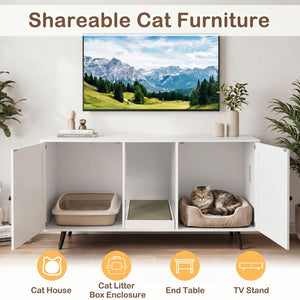 Double Cat Litter Box Enclosure for 2 Cats with Scratching Pad and Double Rooms-White