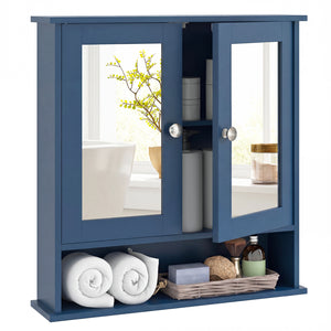 Double Door Wall-Mounted Bathroom Mirror Cabinet with Storage Shelf-Blue