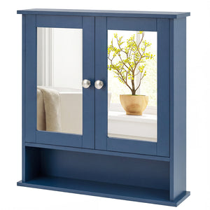 Double Door Wall-Mounted Bathroom Mirror Cabinet with Storage Shelf-Blue