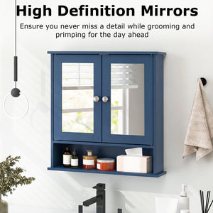 Double Door Wall-Mounted Bathroom Mirror Cabinet with Storage Shelf-Blue