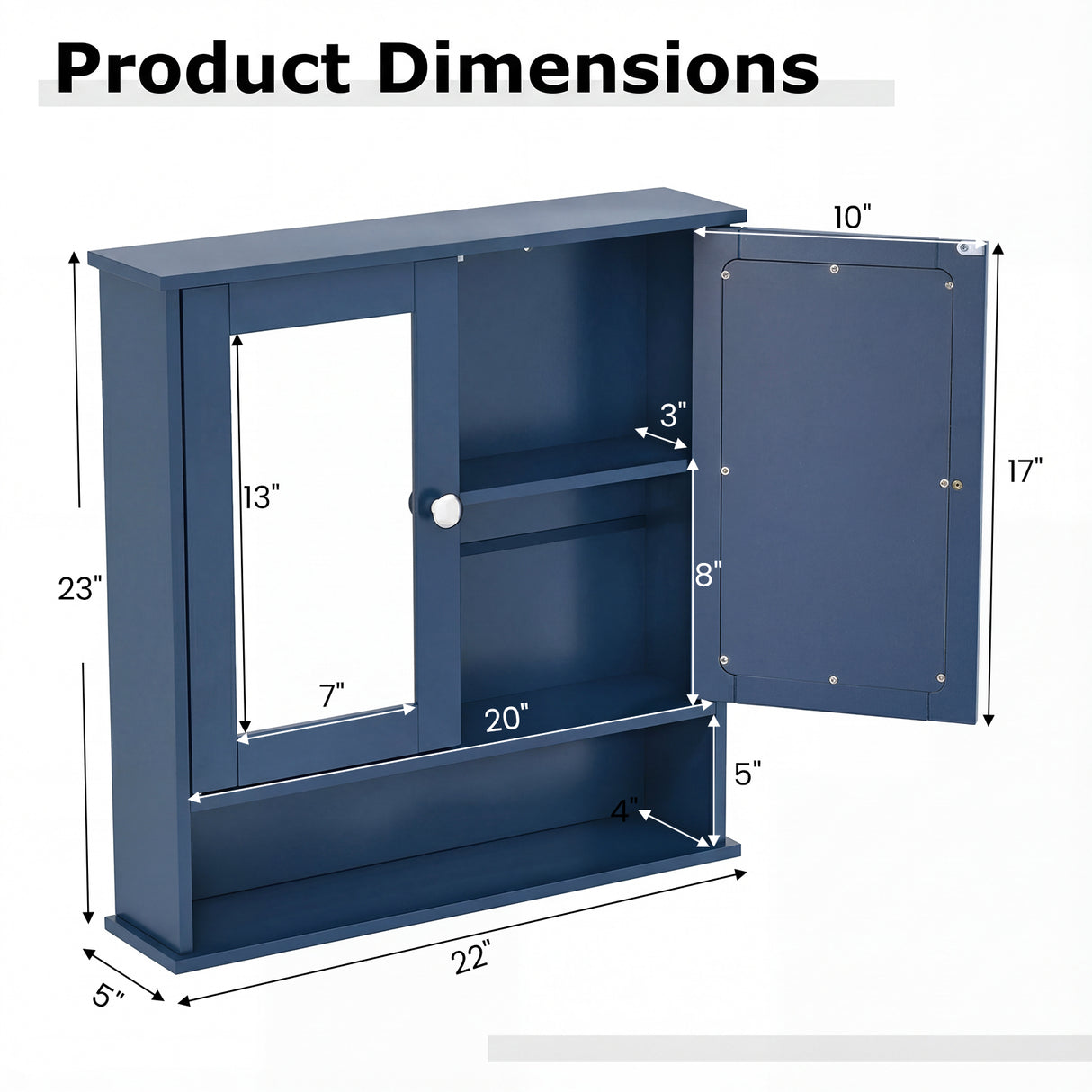 Double Door Wall-Mounted Bathroom Mirror Cabinet with Storage Shelf-Blue