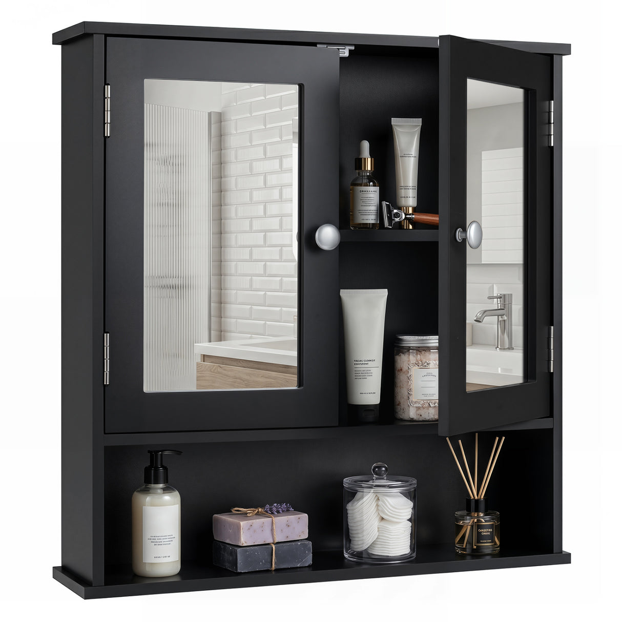 Double Door Wall-Mounted Bathroom Mirror Cabinet with Storage Shelf-Black