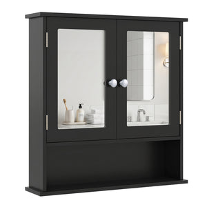 Double Door Wall-Mounted Bathroom Mirror Cabinet with Storage Shelf-Black