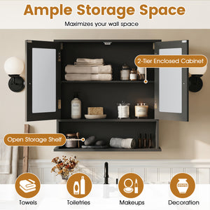 Double Door Wall-Mounted Bathroom Mirror Cabinet with Storage Shelf-Black
